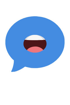 Hand-drawn blue speech bubble vector icon with an open talking mouth inside, perfect for chat, messaging, conversation, and digital communication illustrations