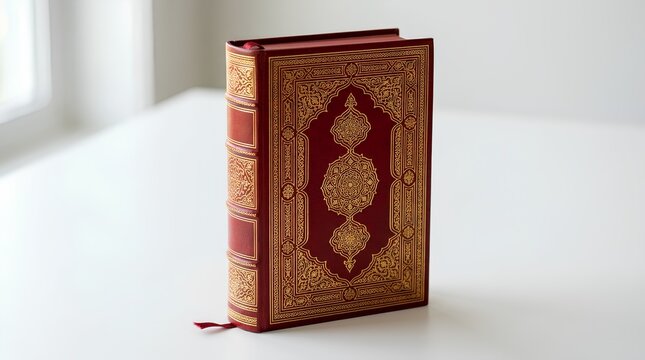 Ornate red leather-bound hardcover book with intricate gold-tooled Moroccan arabesque patterns on cover and spine, standing upright on white surface with bookmark ribbon