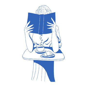 Woman reading book at cafe table with coffee and croissant in elegant hand drawn vector line art style. Cozy lifestyle illustration for cafe branding, posters and editorial design
