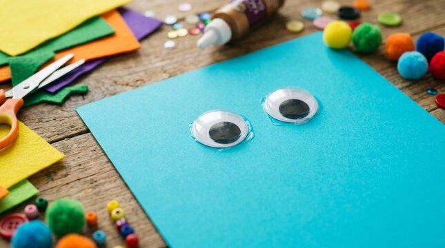 Two round googly eyes with black pupils on bright turquoise craft paper, colorful pom poms, felt sheets, and craft scissors on rustic wooden table for playful kids DIY project