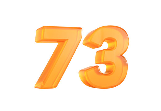 Vivid orange number 73 with a bright reflective surface and smooth texture. 3D illustration.