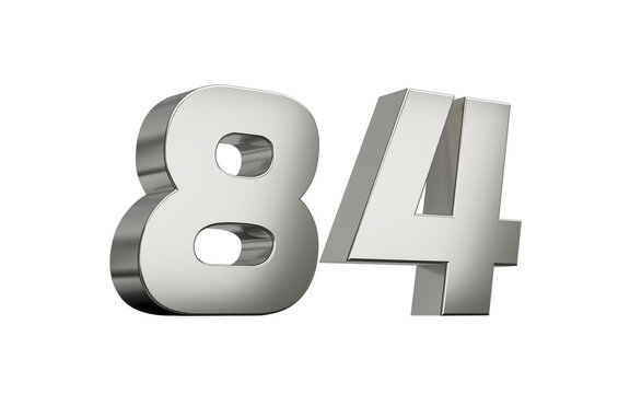 3d Silver number 84 Eighty four sleek metallic look with a slight shadow effect, 3d illustration