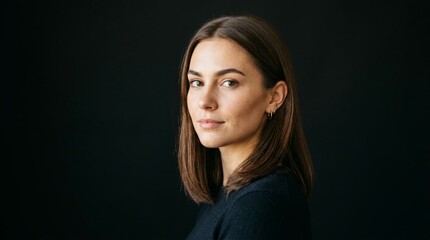 Fototapeta premium Young woman with smooth brown hair in three-quarter view poses against a dark studio backdrop wearing small hoop earrings and a dark sweater portrait