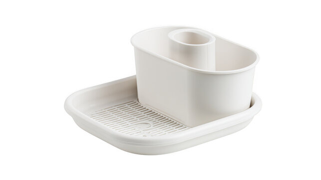 White plastic dish drying rack with integrated utensil holder and drainage tray isolated on a white background