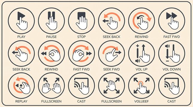 Streaming Controls Vector Hand Gesture Playback Volume Fullscreen Icon Set