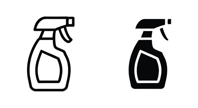 Spray bottle cleaning icon set featuring trigger bottles in black and white outline styles for household cleaning, disinfecting, hygiene and vector design.
