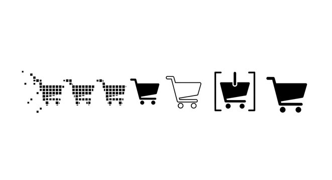 Sequence of evolving shopping cart icons on white background