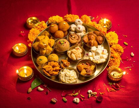 Indian Diwali Sweets Thali with Gulab Jamun, Ladoo, Jalebi and Kaju Katli