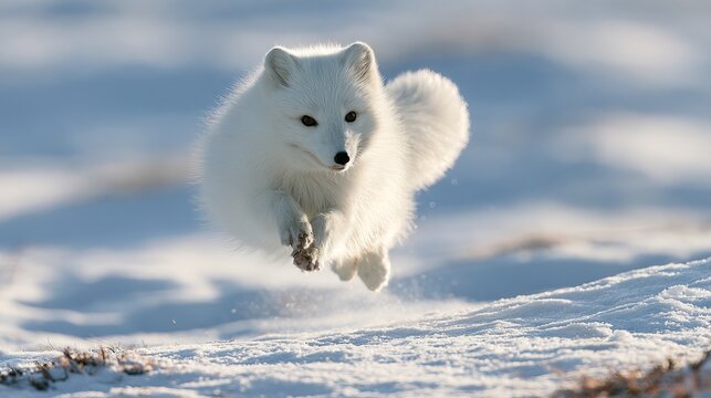 Arctic fox playfully leaping across a snowy landscape, capturing a moment of wild energy against a backdrop of glacial terrain, representing winter wildlife