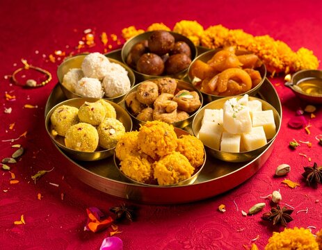 Indian Diwali Sweets Thali with Gulab Jamun, Ladoo, Jalebi and Kaju Katli
