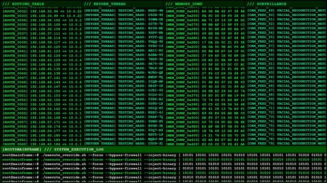 Hacker computer terminal screen with cyber surveillance code animation.
