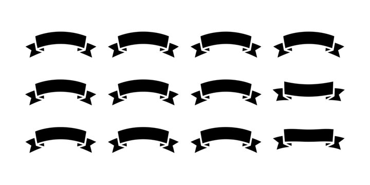 Curved ribbon banners set vector black silhouette collection for arched label tag scroll decoration