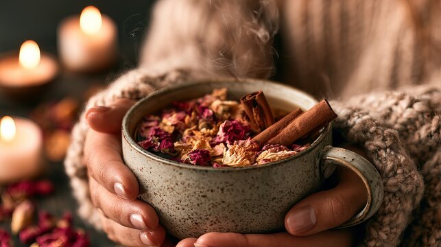 Hands cradle a warm ceramic mug filled with herbal tea blossoms, surrounded by candlelight, representing cozy moments and mindful relaxation during autumn evenings