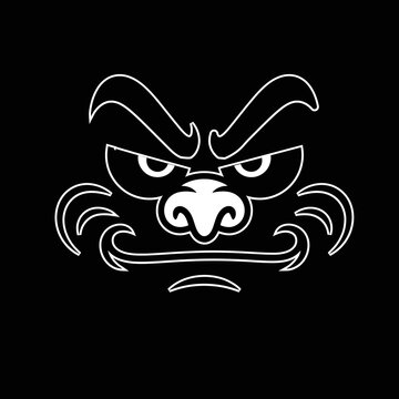 Angry monster face with big nose and wavy eyebrows, white outline vector illustration on black background, spooky design.