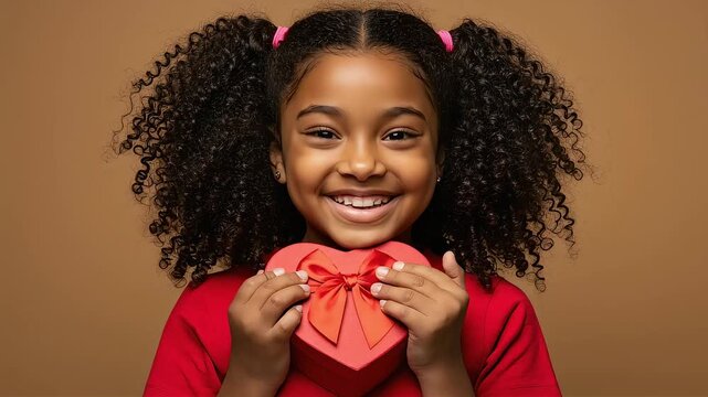 A girl looks happy holding a heart-shaped gift box in front of a brown background.