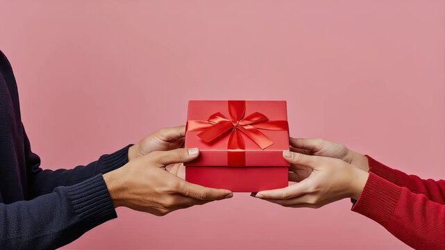 A hand-over of a gift box with a ribbon against a pink background.