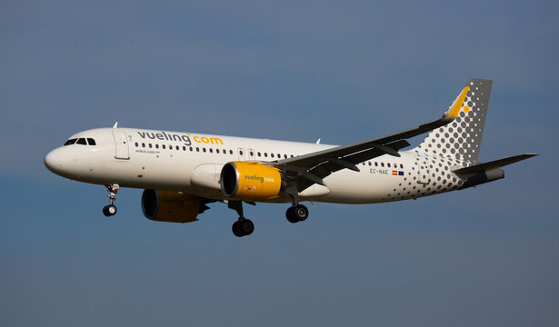 Barcelona, El Prat - January 26, 2020: Airline Vueling plane comes in for a landing in an aeroport El Prat city of Barcelona. Board number EC-NAE