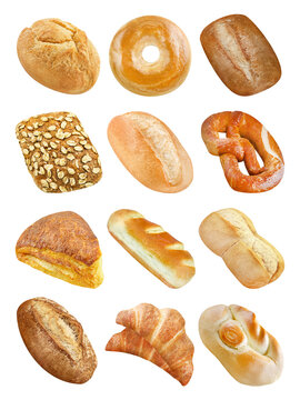 12 Sorten Br&ouml;tchen, Semmeln und Bretzel Hintergrund transparent PNG cut out