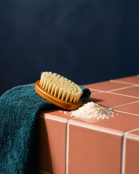 One dark teal towel amber bath brush and pale mineral salts on a dry