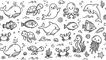 Obraz premium Hand Drawn Baby Sea Animals Seamless Black Outline Vector Pattern