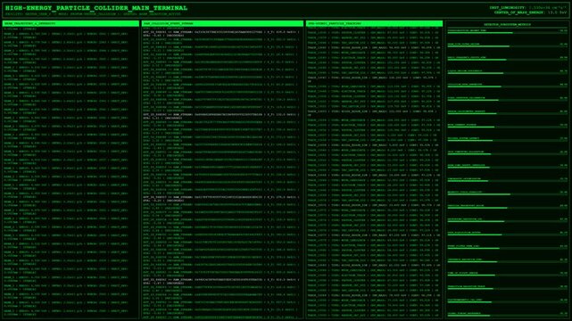 Futuristic particle collider terminal screen with animated green digital data.