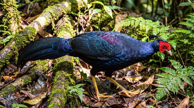 A male siamese fireback bird standing on the forest floor among green ferns with iridescent blue plumage face stands forest plumage red ornithology undergrowth environment protected pheasant with wild