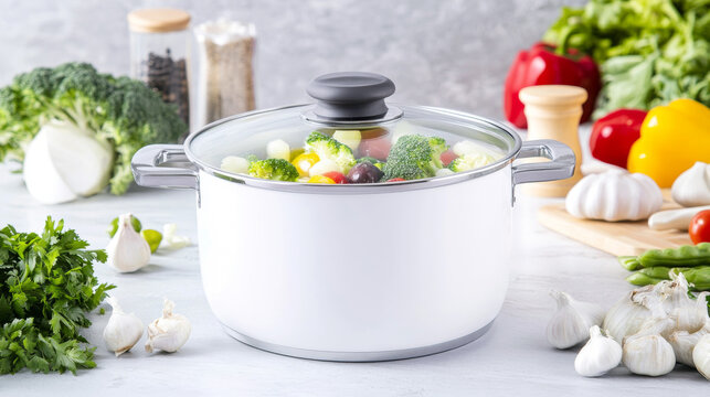 White pot with mixed vegetables in modern kitchen setting, cooking concept