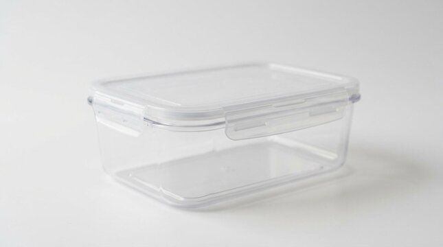 Clear plastic food storage container with snap-on lid on white surface, minimalist product photography showing empty rectangular transparent tupperware for kitchenware and meal prep, bright natural