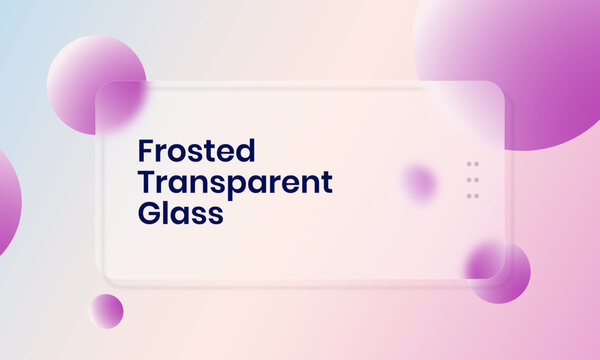 Frosted glass effect card with abstract purple spheres on a soft gradient background