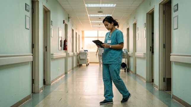 Healthcare worker in teal scrubs pausing mid-stride in softly focused hospital corridor reviewing patient data on tablet, clinical hallway with doors stretching into background
