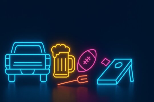 Neon lights depict american football tailgate party elements, ideal for festive background