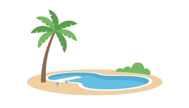 Summer swimming pool vector illustration with a diving board, tall palm tree, and green bushes on a small sand island.