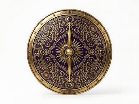 Intricate golden shield with ornate carvings and a central tree of life design