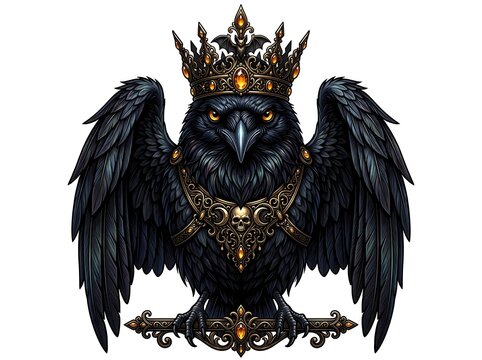 Majestic raven king illustration detailed fantasy art with ornate crown and regal appearance