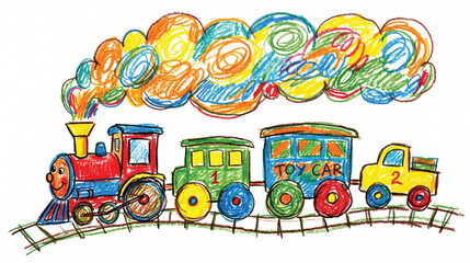 Colorful hand drawn crayon sketch of a cute steam train engine with carriages on tracks © Toro