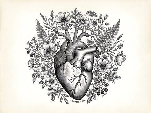 Vintage anatomical illustration of a human heart surrounded by detailed botanical foliage