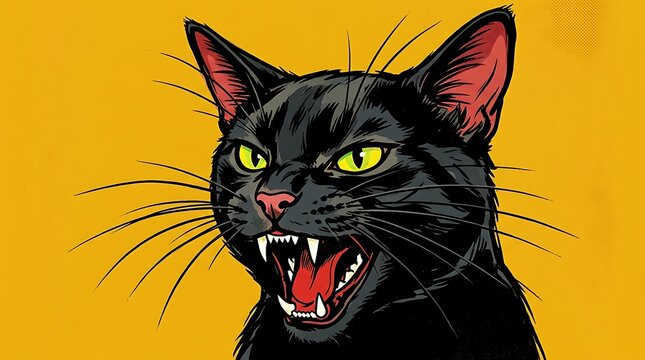 Intense portrait of a black cat showing teeth against a vibrant yellow background