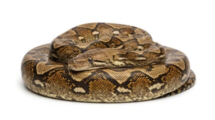 Fototapeta premium Close-up coiled reticulated python snake isolated on white background for wildlife education