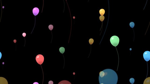 Colorful balloons floating on black background. 2d animation