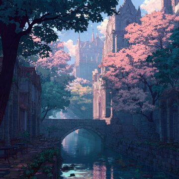 Dreamlike, anime-inspired landscape featuring a tranquil canal bordered by ancient stone buildings and a stone bridge. Diffused daylight filters through a hazy sky, casting cinematic lighting with mo