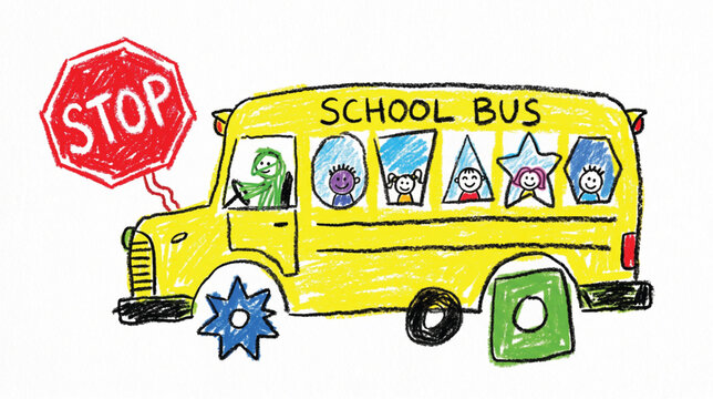 A yellow school bus with happy children and a red stop sign in a cute kids drawing style