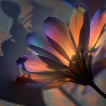 Dream weaving macro close-up of a flower with iridescent rainbow petals, where shadows and silhouettes braid through a surreal fantasy composition and a faint witch figure is formed from negative spa