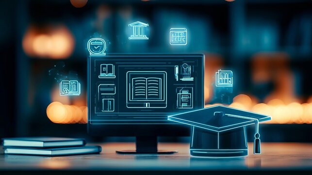 Vibrant Digital Online Education Concept Showcasing A Desktop Computer With Graduation Cap Graphic