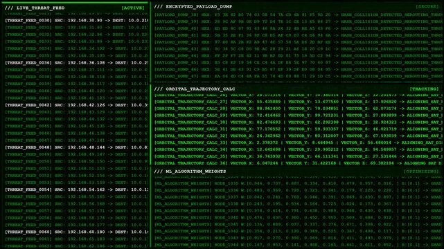 Cybersecurity threat monitoring satellite orbital tracking terminal screen.