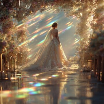 Dreamlike bridal wedding scene featuring a solitary bride in an iridescent lace gown walking along a softly glowing aisle. Sunlight reflections dance across the pristine gown as rainbow prism light w