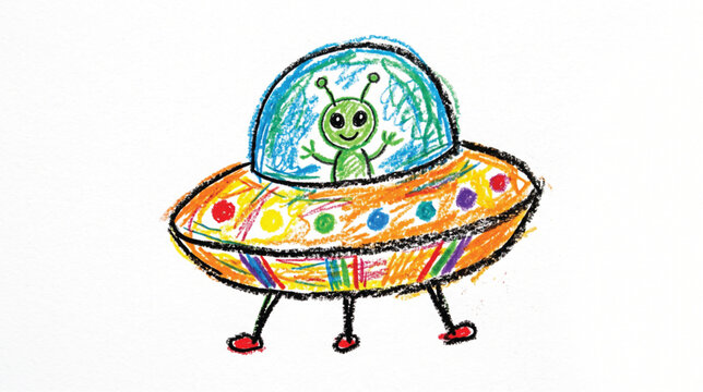 A cute little alien driving a colorful flying saucer spaceship hand drawn sketch art