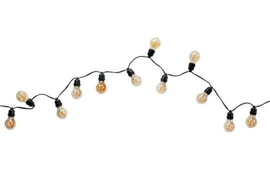 A string of decorative edison style light bulbs with black wire on a white background, isolated on a, transparent background