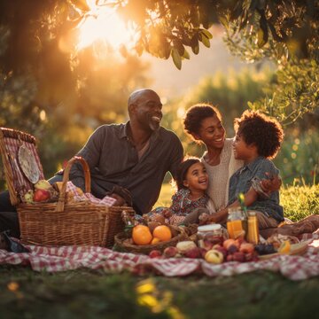 Dreamlike cinematic family picnic in a sunlit park, a bright checkered blanket spread over lush grass, a wicker basket brimming with colorful treats, a smiling family sharing laughter and moments of