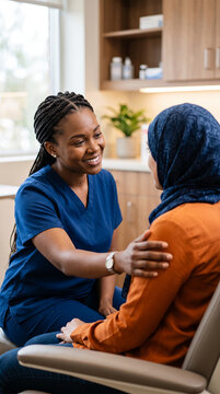Doctor in blue uniform comforting patient in headscarf, showing care and support in medical setting, symbolizing empathy and healing