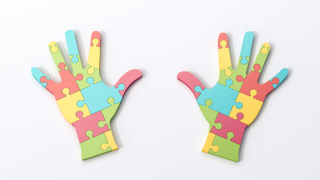 Two multicolored puzzle hands